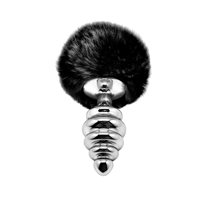 купити Металева анальна пробка Кролячий хвостик Alive Fluffy Twist Plug L Black, діаметр 3,8 см