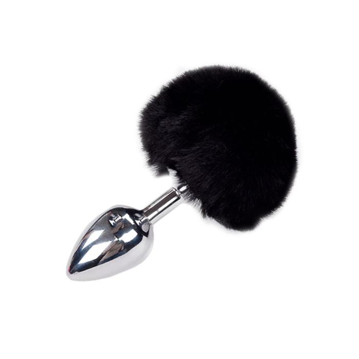 купить Металлическая анальная пробка Кроличий хвостик Alive Fluffy Plug M Black, диаметр 3,4 см