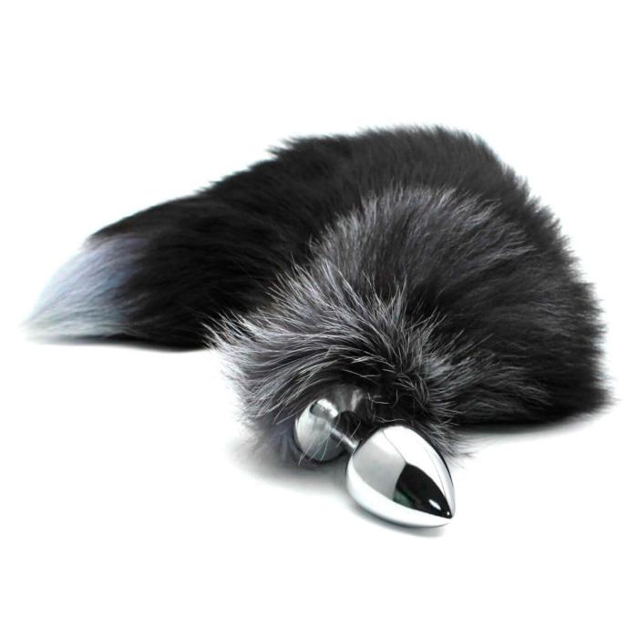 купити Металева анальна пробка Лисячий хвіст Alive Black And White Fox Tail L, діаметр 3,9 см