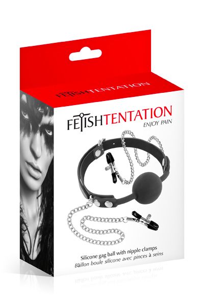 купить Кляп с силиконовым шариком и зажимами для сосков Fetish Tentation Gag Ball with Nipple Clamps