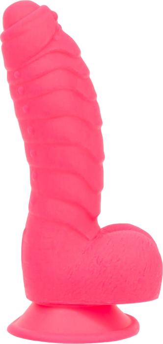купити Ребристий фалоімітатор на присосці ADDICTION — Tom 7″ Dildo With Balls — Pink, віброкуля в подарунок