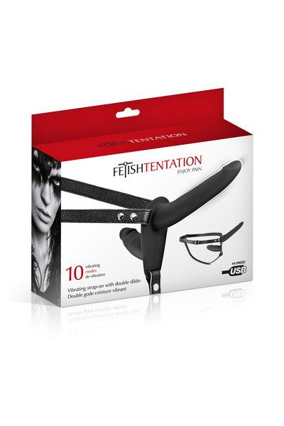купить Двойной страпон с вибрацией Fetish Tentation Vibrating Strap-On with Double Dildo Black