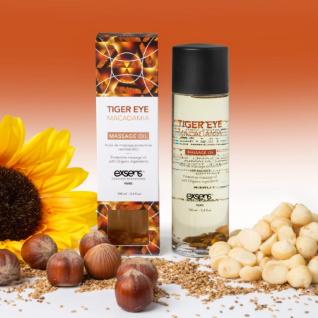 фото Массажное масло EXSENS Tiger Eye Macadamia (защита с тигровым глазом) 100мл, натуральное  || фото Масажна олія EXSENS Tiger Eye Macadamia (захист з тигровим оком) 100мл, натуральна 