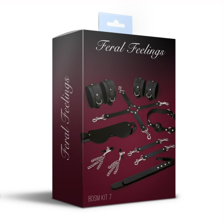 фото Набор Feral Feelings BDSM Kit 7 Black, наручники, поножи, коннектор, маска, паддл, кляп, зажимы  || фото Набір Feral Feelings BDSM Kit 7 Black, наручники, поножі, конектор, маска, паддл, кляп, затискачі 