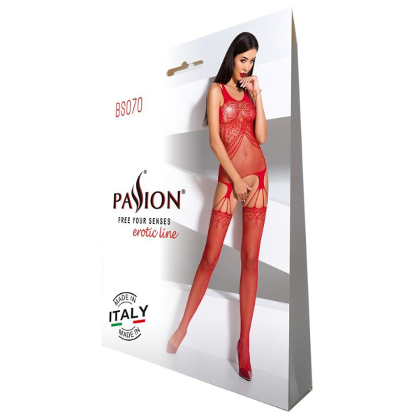 купить Бодистокинг Passion BS070 red, комбинезон, имитация чулок и ажурного топа