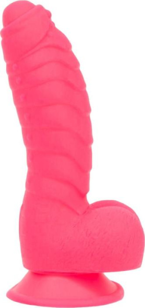 купить Ребристый фаллоимитатор на присоске ADDICTION — Tom 7″ Dildo With Balls — Pink, вибропуля в подарок