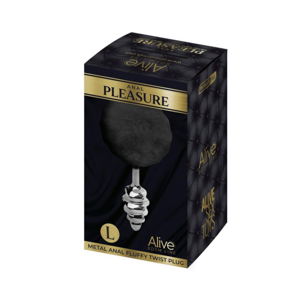 купити Металева анальна пробка Кролячий хвостик Alive Fluffy Twist Plug L Black, діаметр 3,8 см