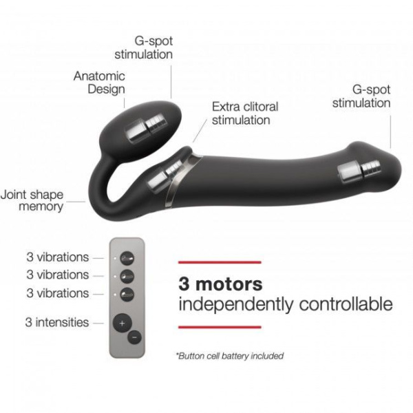 купить Безремневой страпон с вибрацией Strap-On-Me Vibrating Black M, диаметр 3,3см, пульт ДУ, регулируемый