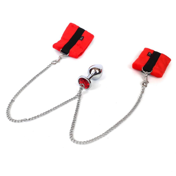 купить Наручники с металлической анальной пробкой Art of Sex Handcuffs with Metal Anal Plug  size M Red