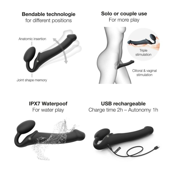купить Безремневой страпон с вибрацией Strap-On-Me Vibrating Black L, диаметр 3,7см, пульт ДУ, регулируемый