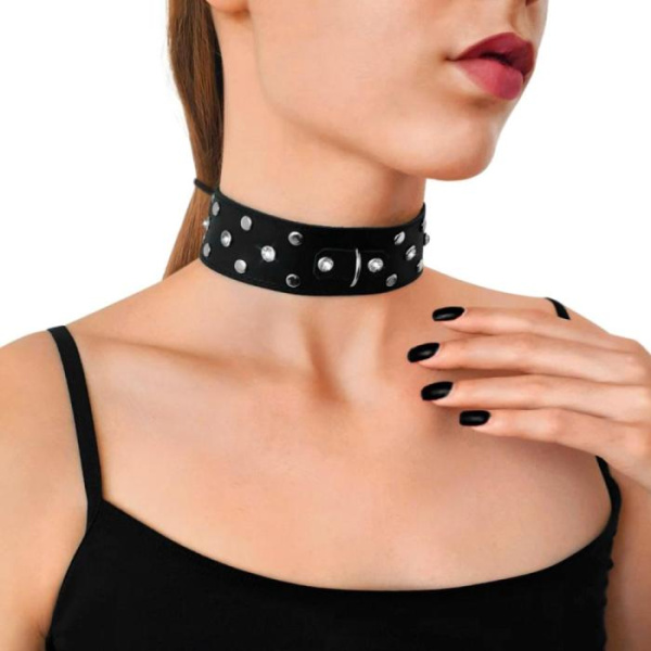 купить Ошейник из натуральной кожи с заклепками и стразами Art of Sex - Jenna Collar, Черный