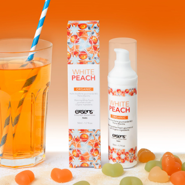 купить Массажное масло EXSENS Organic White Peach 50 мл разогревающее, без сахара, без парабенов, съедобное