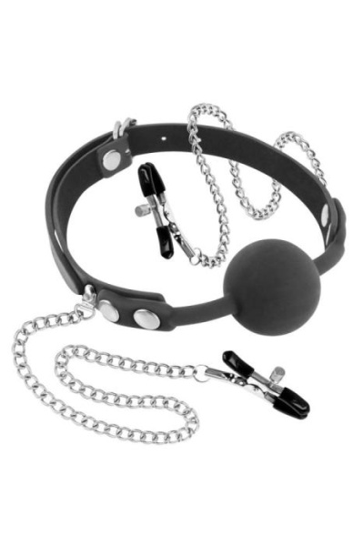купить Кляп с силиконовым шариком и зажимами для сосков Fetish Tentation Gag Ball with Nipple Clamps