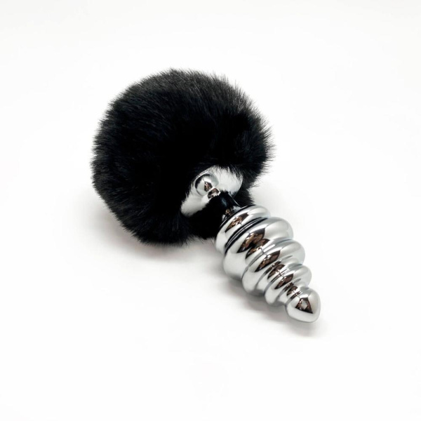 купити Металева анальна пробка Кролячий хвостик Alive Fluffy Twist Plug L Black, діаметр 3,8 см