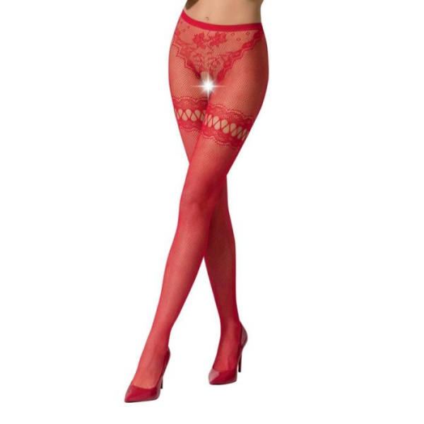 купить Эротические колготки-бодистокинг Passion S015 red, имитация чулок в сеточку и трусиков с доступом