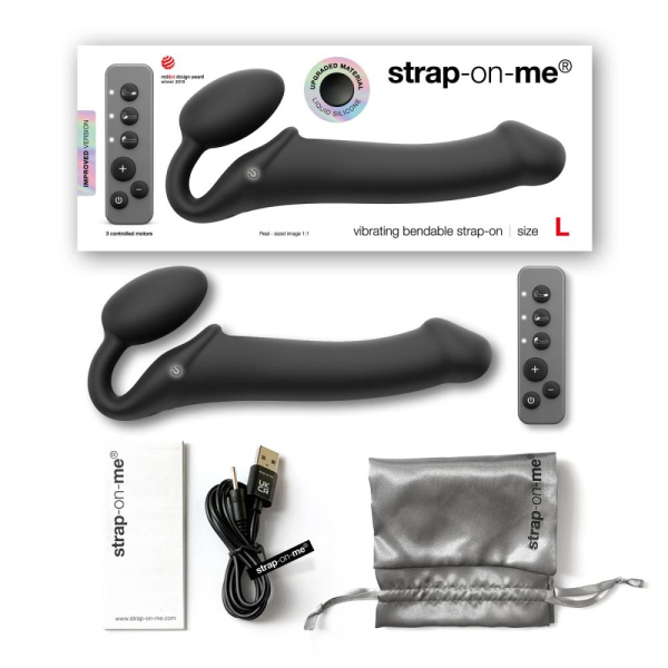 купить Безремневой страпон с вибрацией Strap-On-Me Vibrating Black L, диаметр 3,7см, пульт ДУ, регулируемый