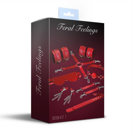 фото Набор Feral Feelings BDSM Kit 7 Red, наручники, поножи, коннектор, маска, паддл, кляп, зажимы  || фото Набір Feral Feelings BDSM Kit 7 Red, наручники, поножі, конектор, маска, паддл, кляп, затискачі 