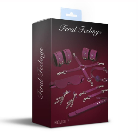 фото Набор Feral Feelings BDSM Kit 7 Burgundy, наручники, поножи, коннектор, маска, паддл, кляп, зажимы  || фото Набір Feral Feelings BDSM Kit 7 Burgundy, наручники, поножі, конектор, маска, паддл, кляп, затискачі 