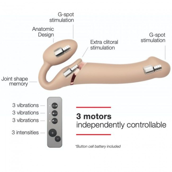 купить Безремневой страпон с вибрацией Strap-On-Me Vibrating Flesh L, диаметр 3,7см, пульт ДУ, регулируемый