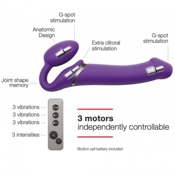 купить Безремневой страпон с вибрацией Strap-On-Me Vibrating Violet XL, диаметр 4,5см, пульт ДУ, регулируем