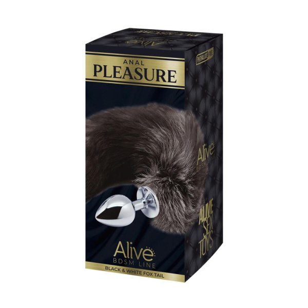 купить Металлическая анальная пробка Лисий хвост Alive Black And White Fox Tail M, диаметр 3,4 см