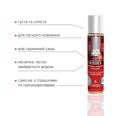 фото Смазка на водной основе System JO H2O — Strawberry Kiss (30 мл) без сахара, растительный глицерин  || фото Змазка на водній основі System JO H2O — Strawberry Kiss (30 мл) без цукру, рослинний гліцерин 