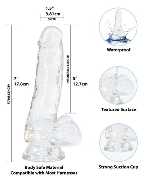 купить Прозрачный фаллоимитатор на присоске ADDICTION — Clear Dildo with Balls 7″, вибропуля в подарок