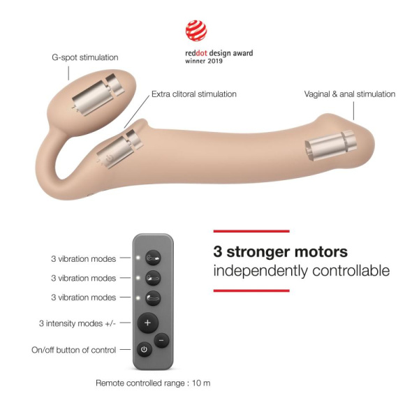купить Безремневой страпон с вибрацией Strap-On-Me Vibrating Flesh M, диаметр 3,3см, пульт ДУ, регулируемый