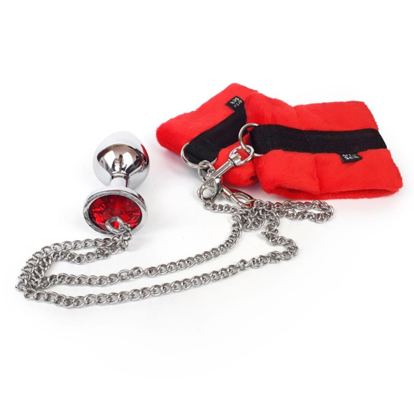 купить Наручники с металлической анальной пробкой Art of Sex Handcuffs with Metal Anal Plug  size M Red