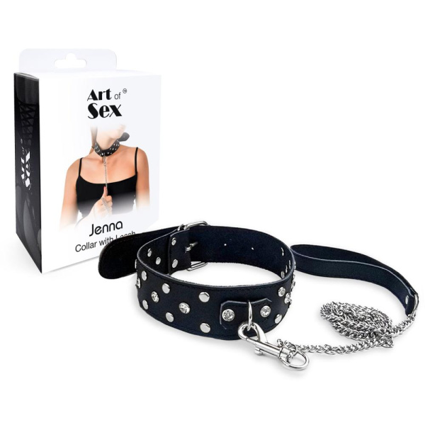 купить Ошейник с поводком из натуральной кожи с заклепками Art of Sex - Jenna Collar with Leash, черный