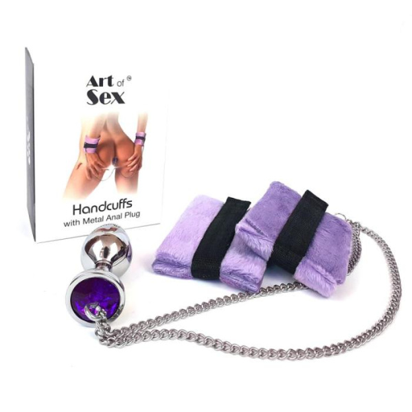 купить Наручники с металлической анальной пробкой Art of Sex Handcuffs with Metal Anal Plug size M Purple