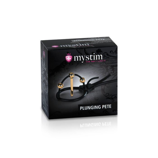 купить Утяжка для пениса Mystim Plunging Pete, позолоченная, с двумя шариками и коротким уретральным зондом