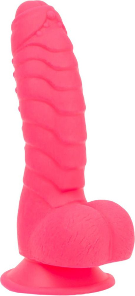 купить Ребристый фаллоимитатор на присоске ADDICTION — Tom 7″ Dildo With Balls — Pink, вибропуля в подарок