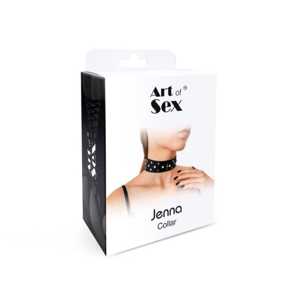 купить Ошейник из натуральной кожи с заклепками и стразами Art of Sex - Jenna Collar, Черный