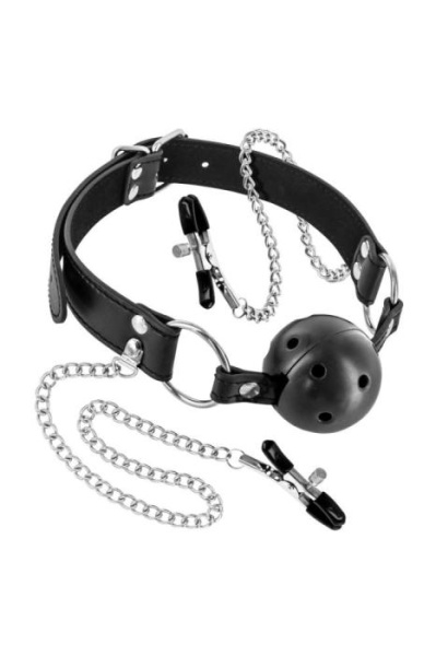 купить Воздухопроницаемый кляп с зажимами для сосков Fetish Tentation Rigid Gag Ball with Nipple Clamps