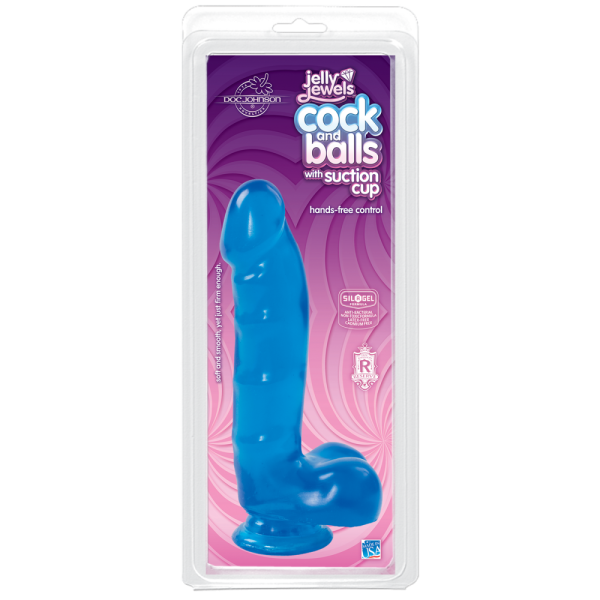 купить Фаллоимитатор Doc Johnson Jelly Jewels Cock & Balls Blue, диаметр 3,6см, антибактериальный ПВХ