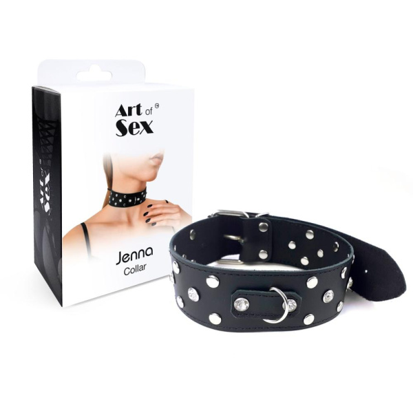 купить Ошейник из натуральной кожи с заклепками и стразами Art of Sex - Jenna Collar, Черный