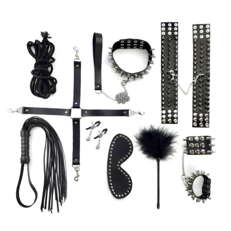 фото Набор Art of Sex - Spikes BDSM Set Leather, 10 предметов, натуральная кожа, Черный  || фото Набір Art of Sex - Spikes BDSM Set Leather, 10 предметів, натуральна шкіра, Чорний 