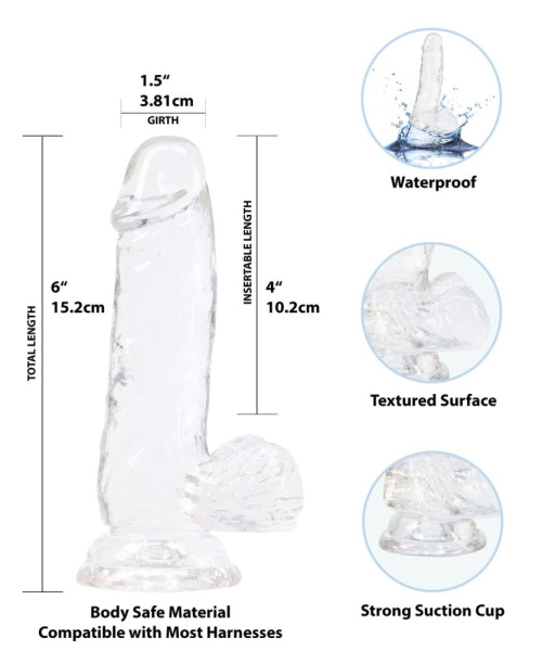 купить Прозрачный фаллоимитатор на присоске ADDICTION — Clear Dildo with Balls 6″, вибропуля в подарок
