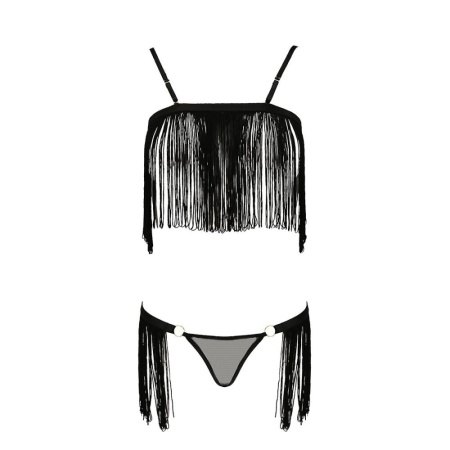 фото Комплект белья KASSANDRA SET OpenBra black L/XL - Passion Exclusive: лиф из бахромы, трусики-юбка  || фото Комплект білизни KASSANDRA SET OpenBra black L/XL - Passion Exclusive: ліф з бахромою, трусики-спідн 