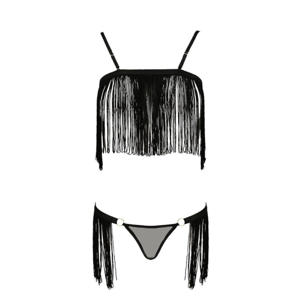 купить Комплект белья KASSANDRA SET OpenBra black L/XL - Passion Exclusive: лиф из бахромы, трусики-юбка