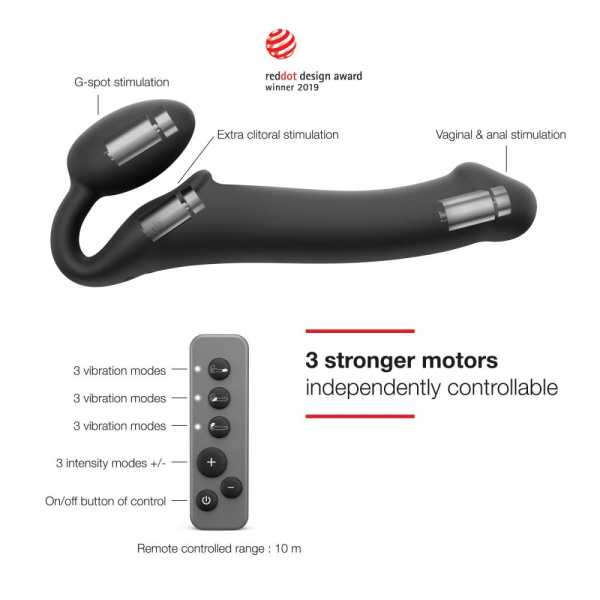 купить Безремневой страпон с вибрацией Strap-On-Me Vibrating Black L, диаметр 3,7см, пульт ДУ, регулируемый